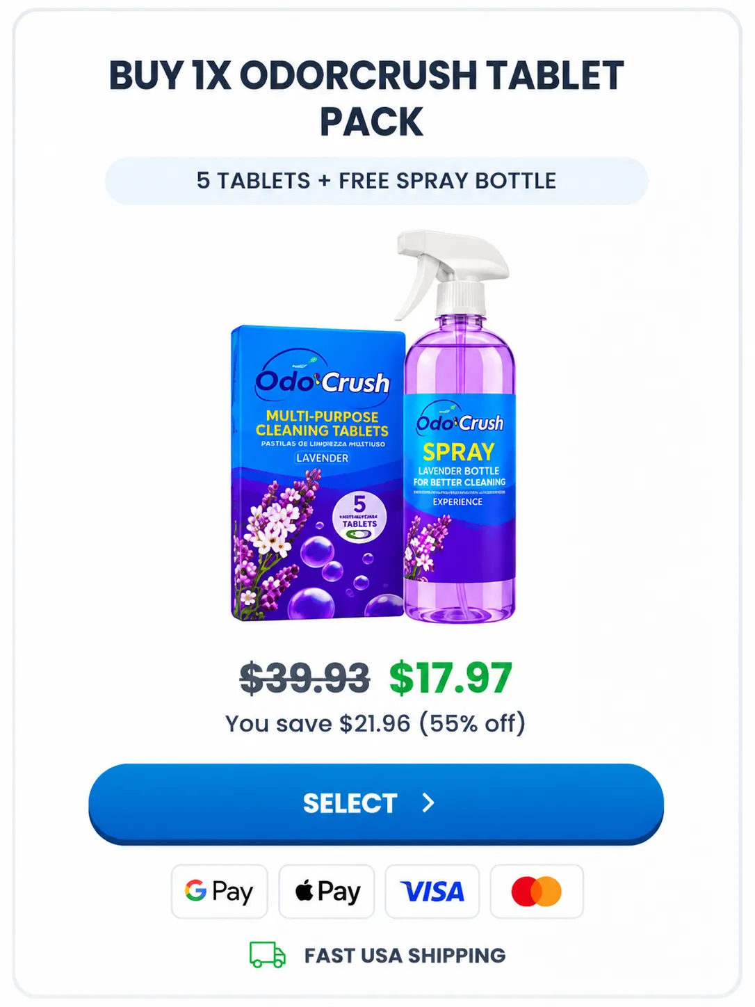OdorCrush 1X pack price — 5 cleaning tablets plus a free spray bottle for $17.97
