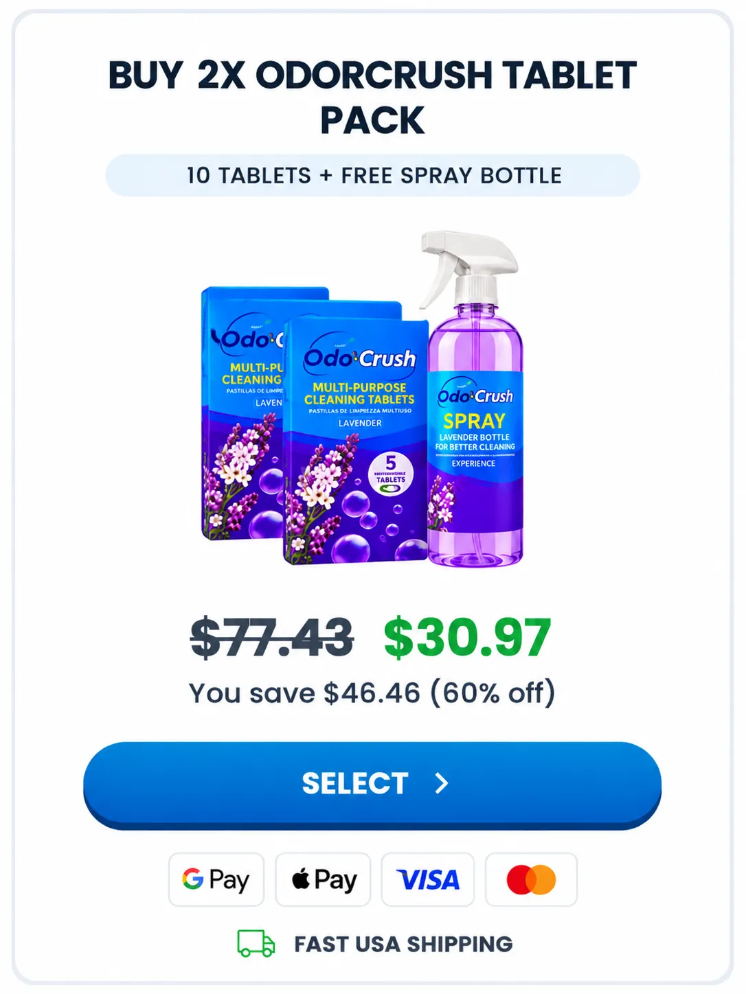 OdorCrush 2X pack price — 10 cleaning tablets plus a free spray bottle for $30.97