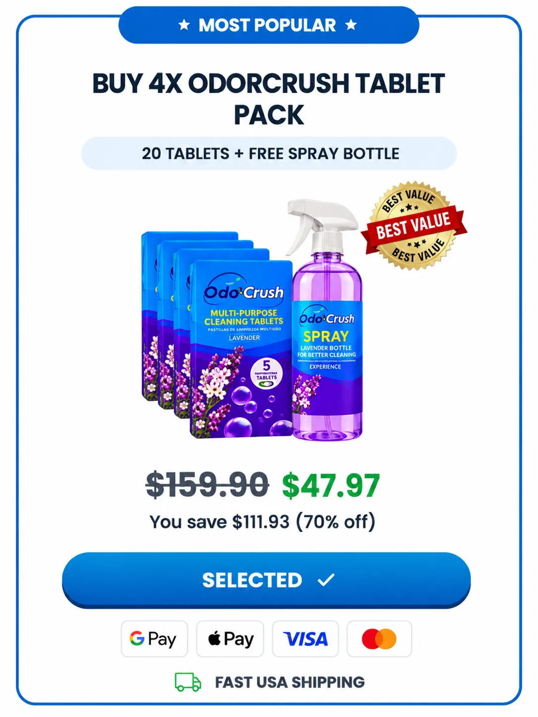 OdorCrush 4X pack price — 20 cleaning tablets plus a free spray bottle for $47.97, best value