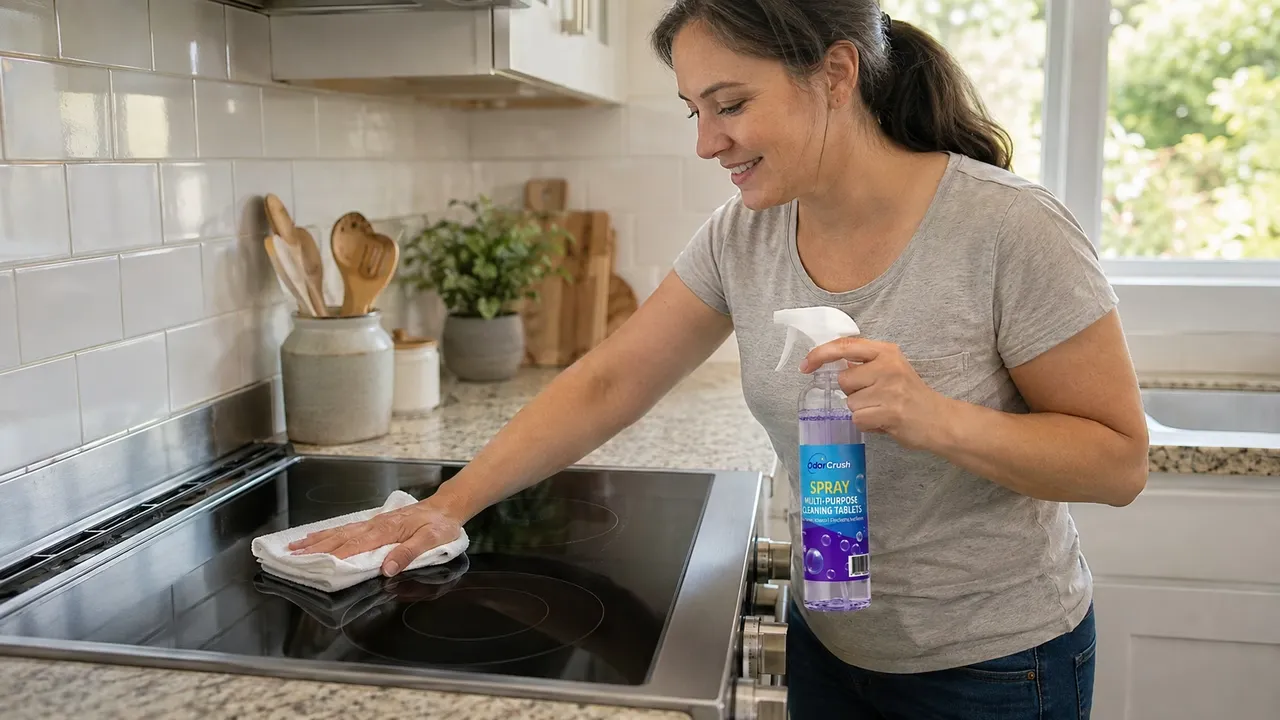Woman wiping a kitchen stovetop with a cloth while holding the OdorCrush spray bottle