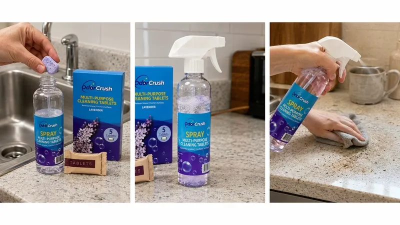 Three steps to use OdorCrush: drop the tablet in water, let it dissolve in the spray bottle, then wipe the counter