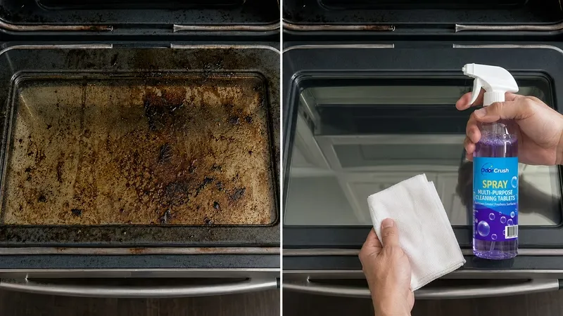 Baked-on grease on an oven tray before and after wiping with the OdorCrush spray solution