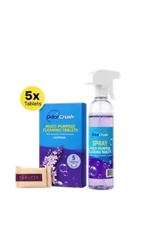 OdorCrush 5-tablet pack with a reusable spray bottle