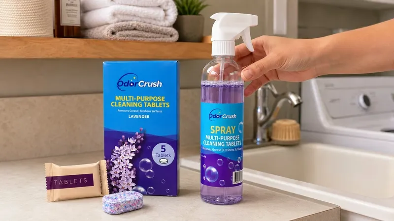 OdorCrush tablet pack and mixed spray bottle set up for review testing on a counter
