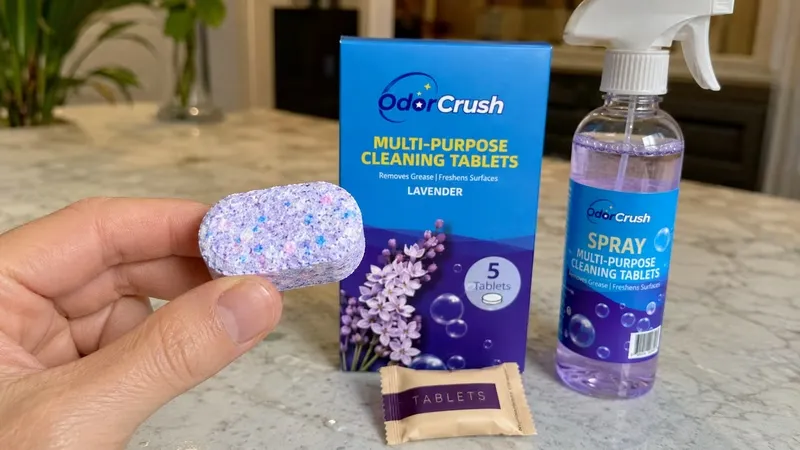 Close-up of an OdorCrush effervescent cleaning tablet held in front of the pack and spray bottle